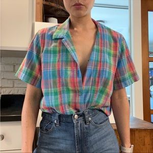 Vintage Y2K colorful plaid button front short sleeve shirt top